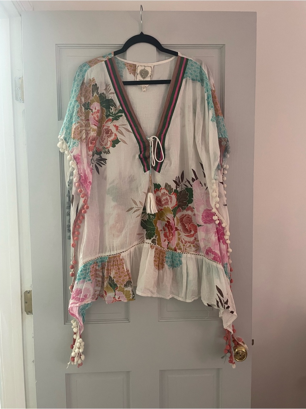 Anthropologie Z&L White Floral Tie-Front Tunic with Pink & Teal Accents